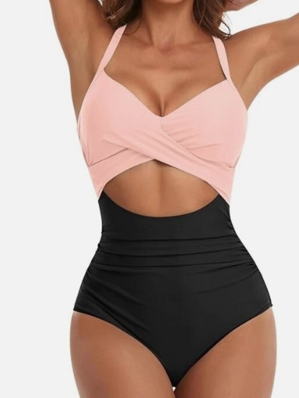 Two-Tone Pink & Black Cutout One-Piece Swimsuit